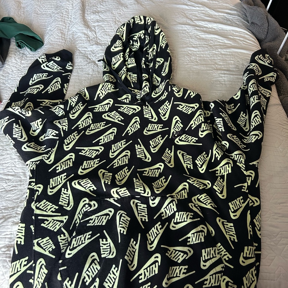 Nike Black and Neon Yellow Patterned Hoodie